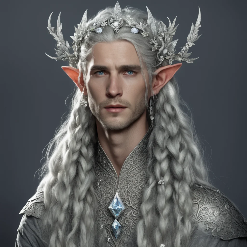aitolkien nandorin noble male elves with braids wearing silver flowers encrusted diamonds to form a silver elvish circlet with center diamond good looking trending fantastic 1