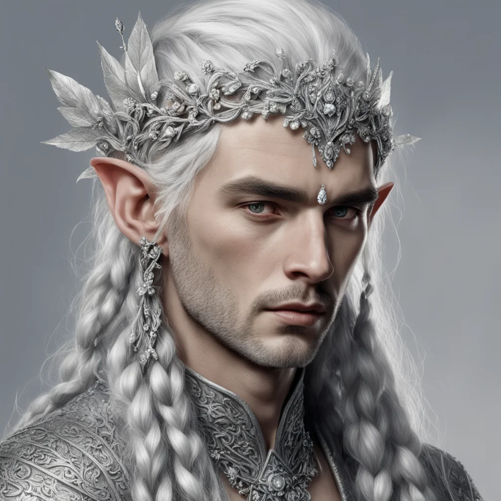tolkien nandorin noble male elves with braids wearing silver flowers encrusted diamonds to form a silver elvish circlet with center diamond