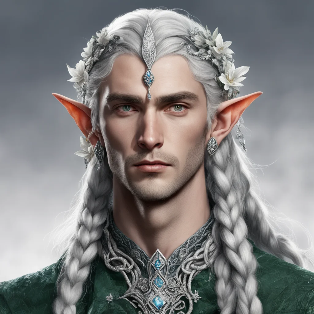 tolkien nandorin noble male elves with braids wearing silver flowers with diamonds to form a silver elvish circlet with center diamond amazing awesome portrait 2