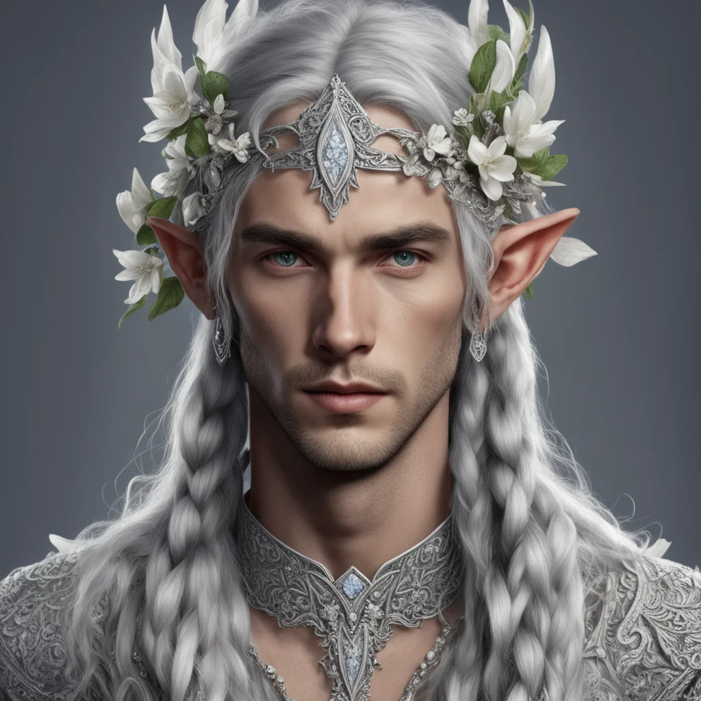 tolkien nandorin noble male elves with braids wearing silver flowers with diamonds to form a silver elvish circlet with center diamond confident engaging wow artstation art 3