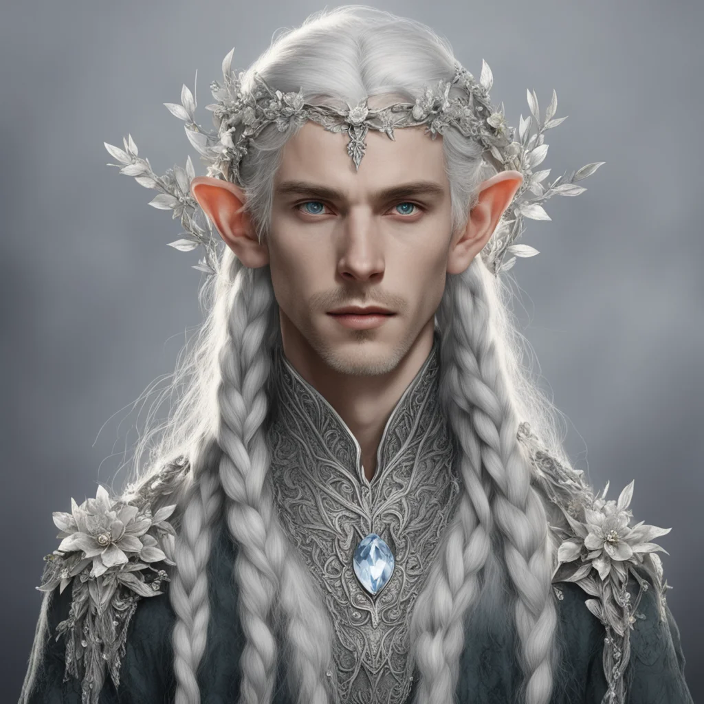 tolkien nandorin noble male elves with braids wearing silver flowers with diamonds to form a silver elvish circlet with center diamond good looking trending fantastic 1
