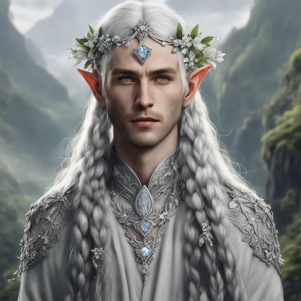 tolkien nandorin noble male elves with braids wearing silver flowers with diamonds to form a silver elvish circlet with center diamond