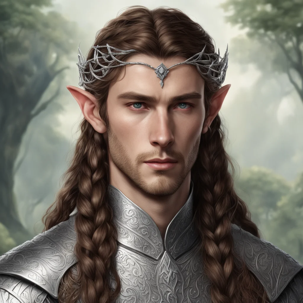 tolkien noble nandorin elf male with brown hair and braids wearing silver elvish circlet with diamonds confident engaging wow artstation art 3