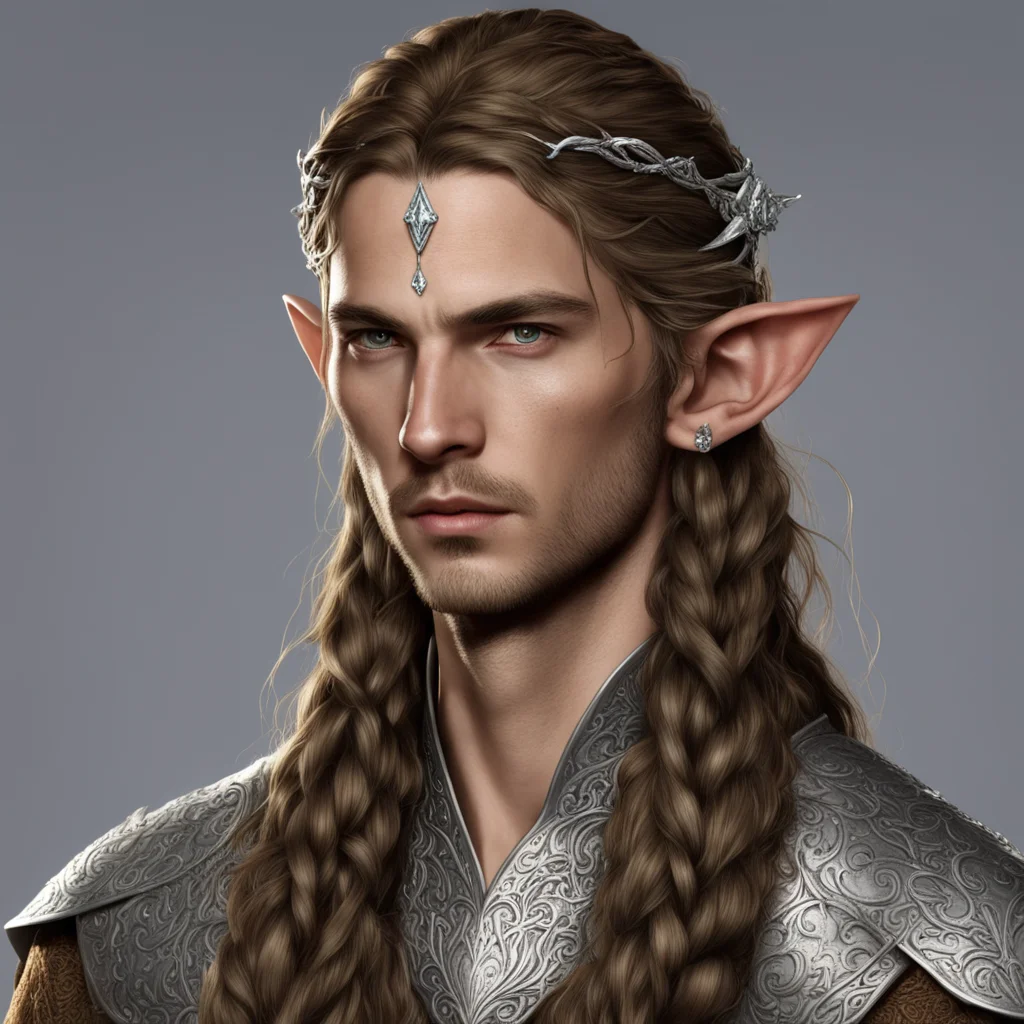 tolkien noble nandorin elf male with brown hair and braids wearing silver elvish circlet with diamonds