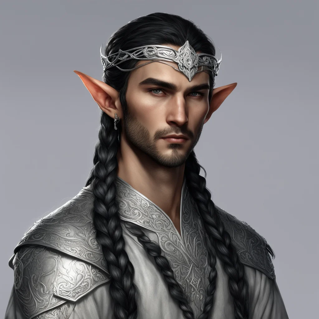 tolkien noble nandorin elf male with dark hair and braids wearing silver elvish circlet with diamonds 