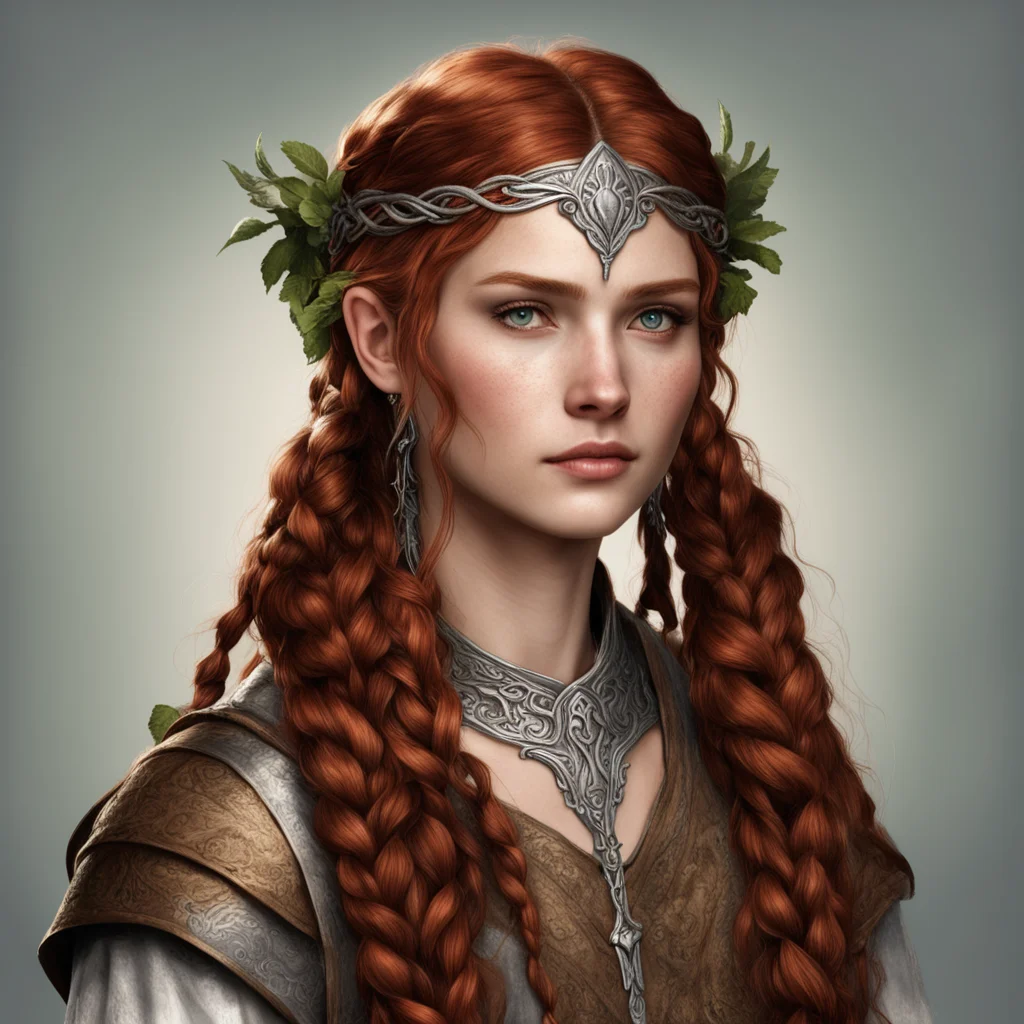 aitolkien noble nandorin female with reddish brown hair with braids wearing silver elvish circlet amazing awesome portrait 2