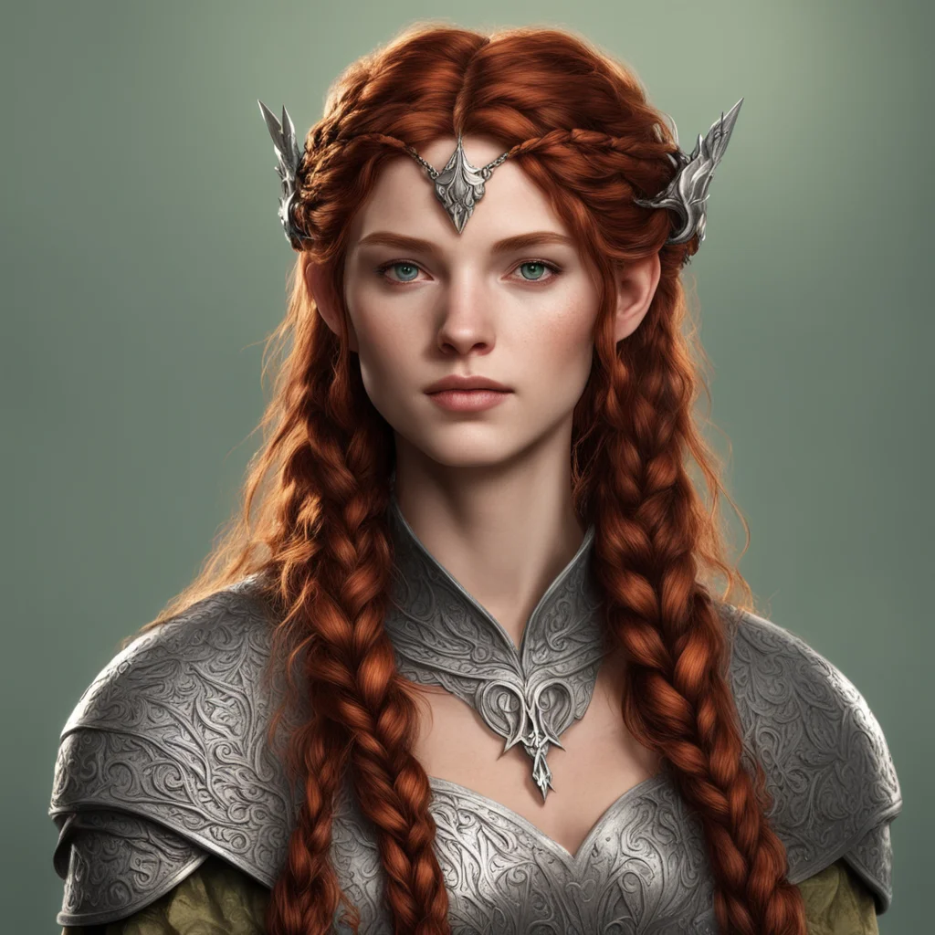 tolkien noble nandorin female with reddish brown hair with braids wearing silver elvish circlet confident engaging wow artstation art 3