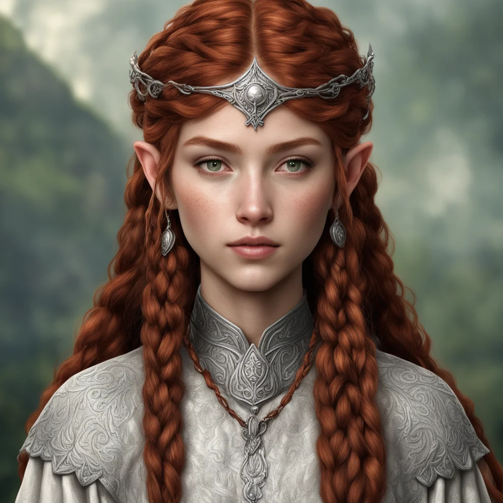aitolkien noble nandorin female with reddish brown hair with braids wearing silver elvish circlet good looking trending fantastic 1