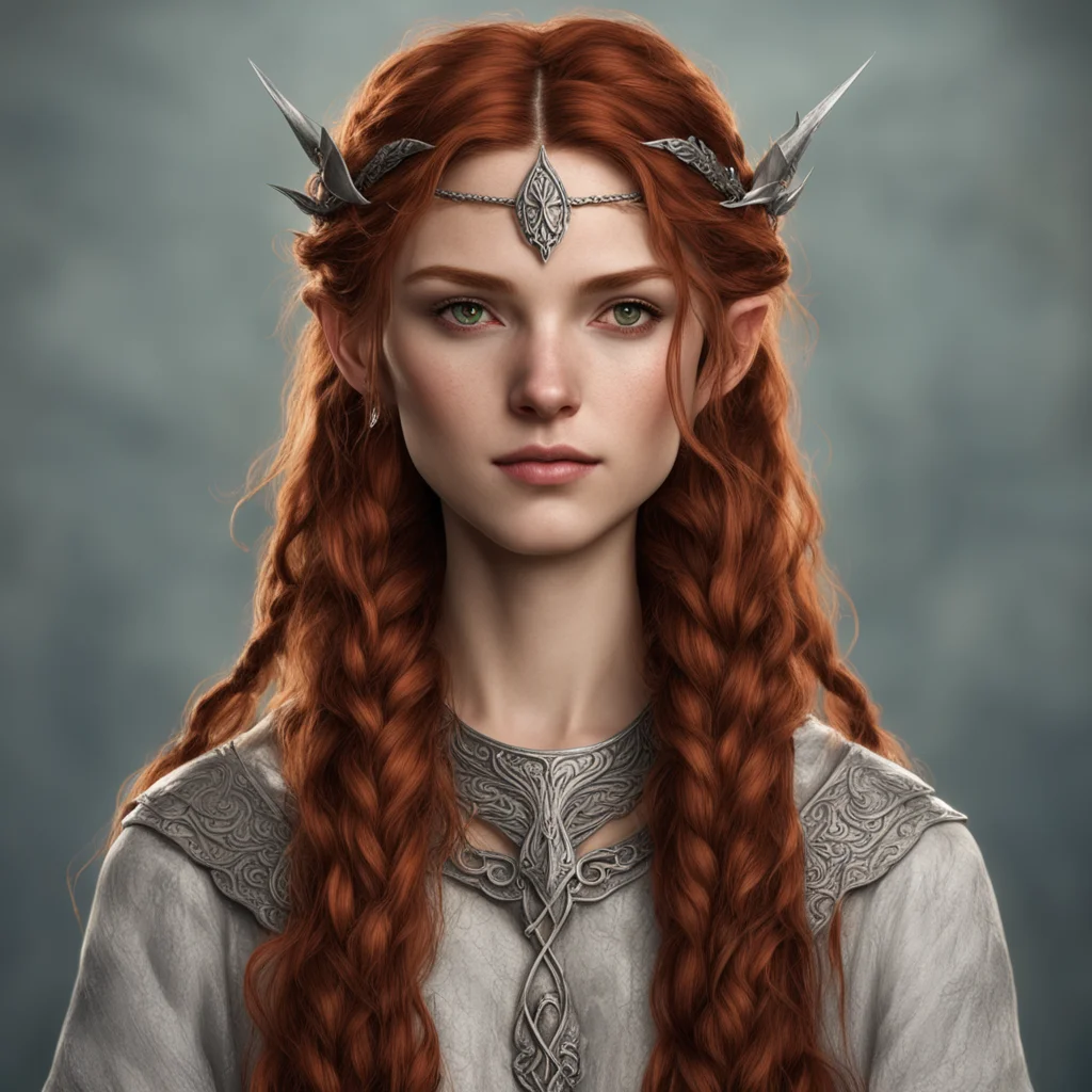 aitolkien noble nandorin female with reddish brown hair with braids wearing silver elvish circlet