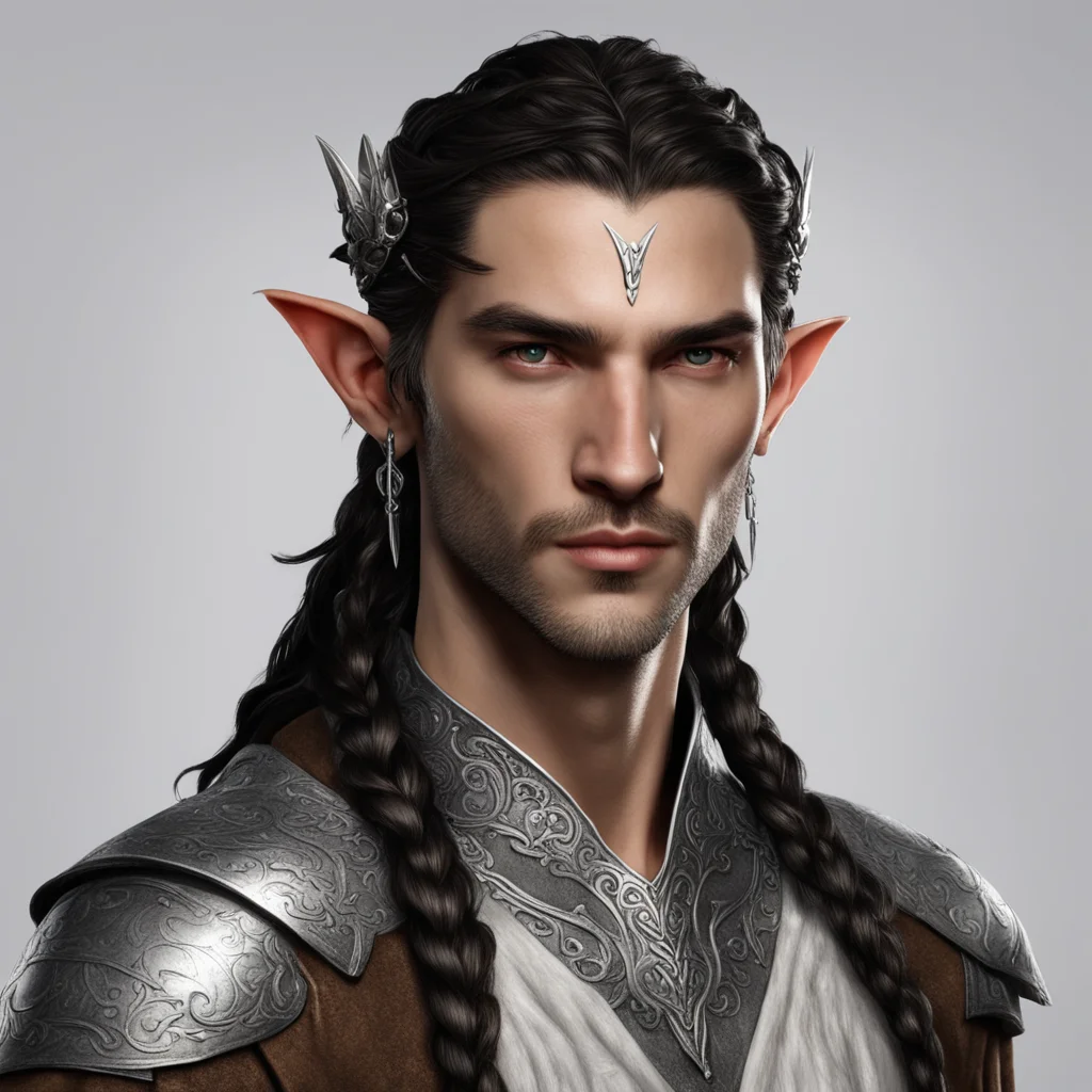 aitolkien noble nandorin male elf  with dark brown hair and braids wearing silver elvish circlet good looking trending fantastic 1