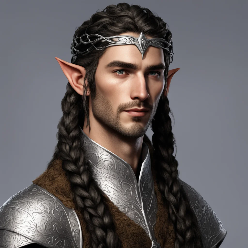 tolkien noble nandorin male elf  with dark brown hair and braids wearing silver elvish circlet