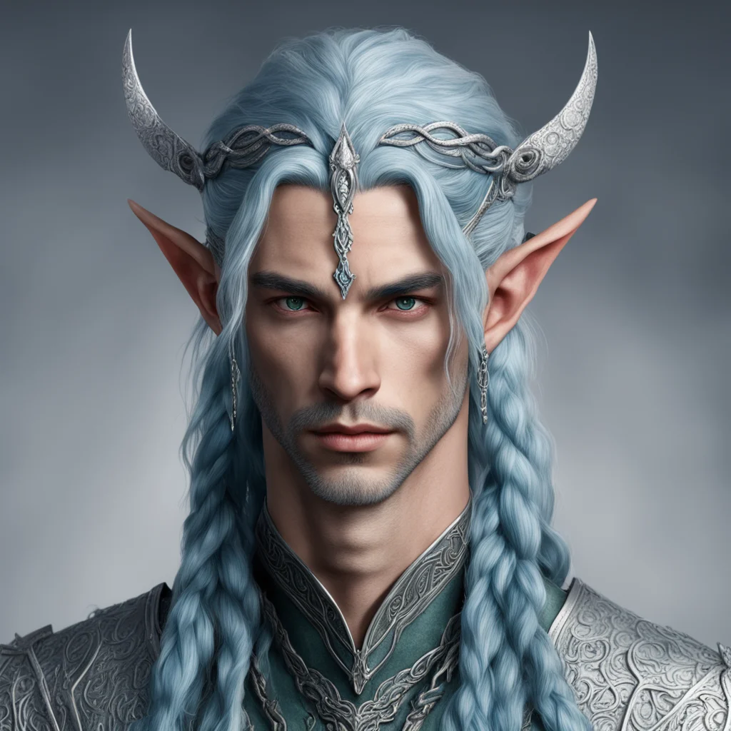 tolkien noble nandorin male elf with bluish silver hair with braids wearing silver serpentine elvish circlet with diamonds and center diamond amazing awesome portrait 2