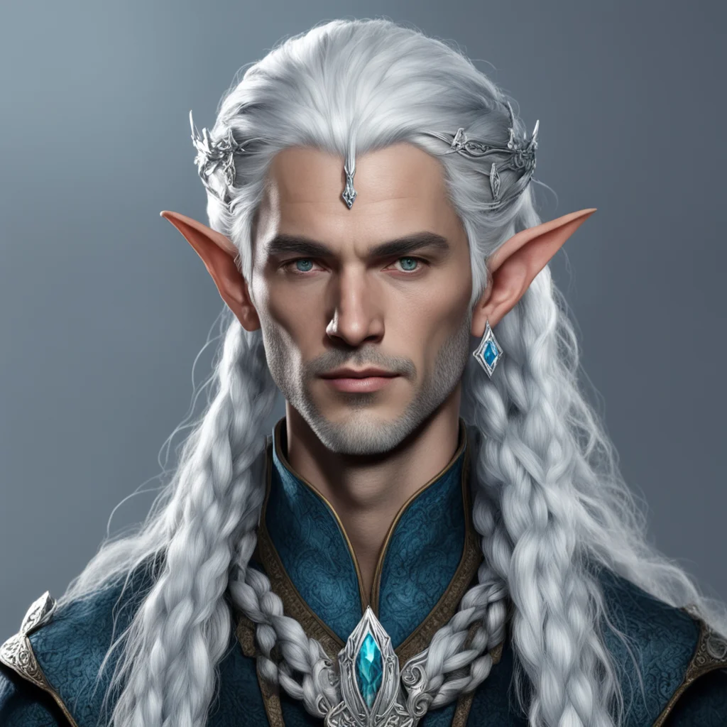 tolkien noble nandorin male elf with bluish silver hair with braids wearing silver serpentine elvish circlet with diamonds and center diamond confident engaging wow artstation art 3
