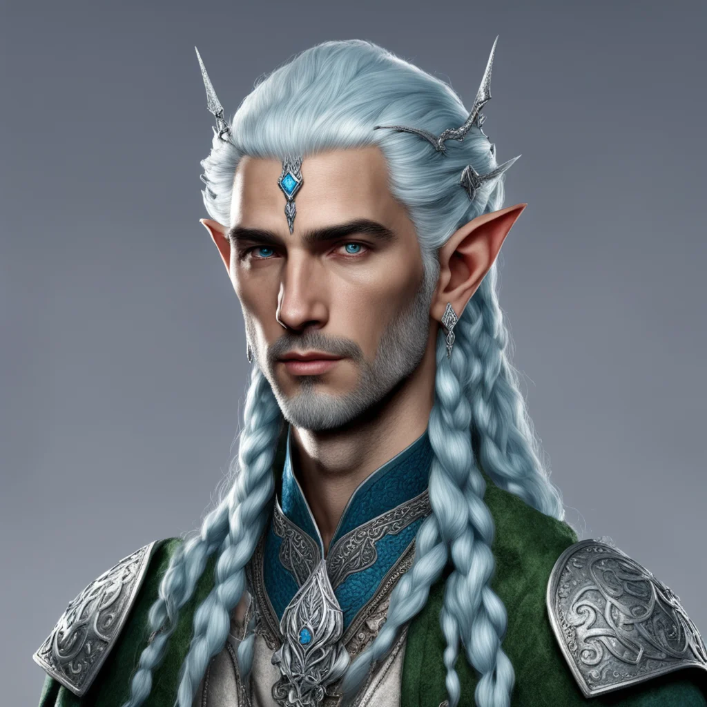 aitolkien noble nandorin male elf with bluish silver hair with braids wearing silver serpentine elvish circlet with diamonds and center diamond good looking trending fantastic 1