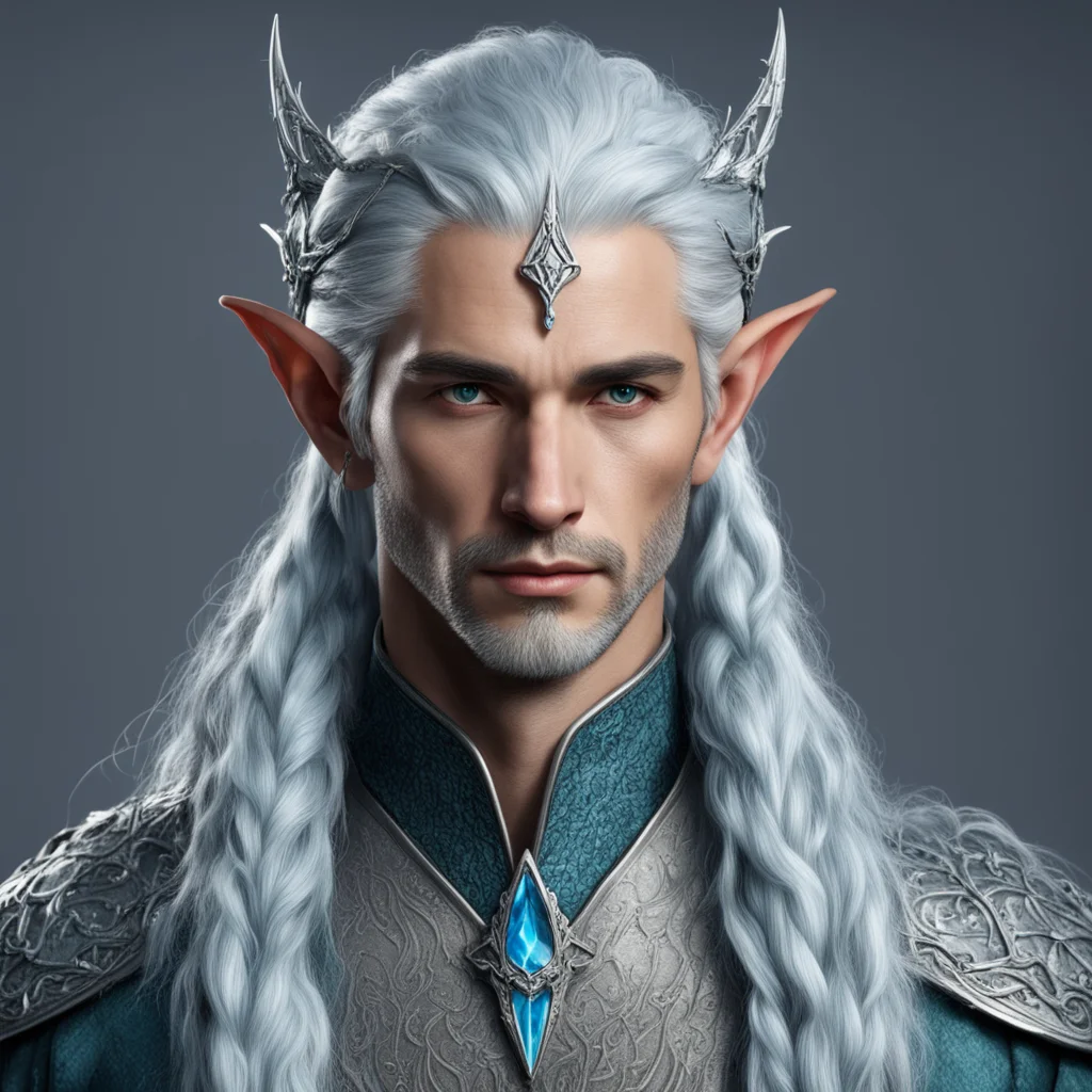 tolkien noble nandorin male elf with bluish silver hair with braids wearing silver serpentine elvish circlet with diamonds and center diamond