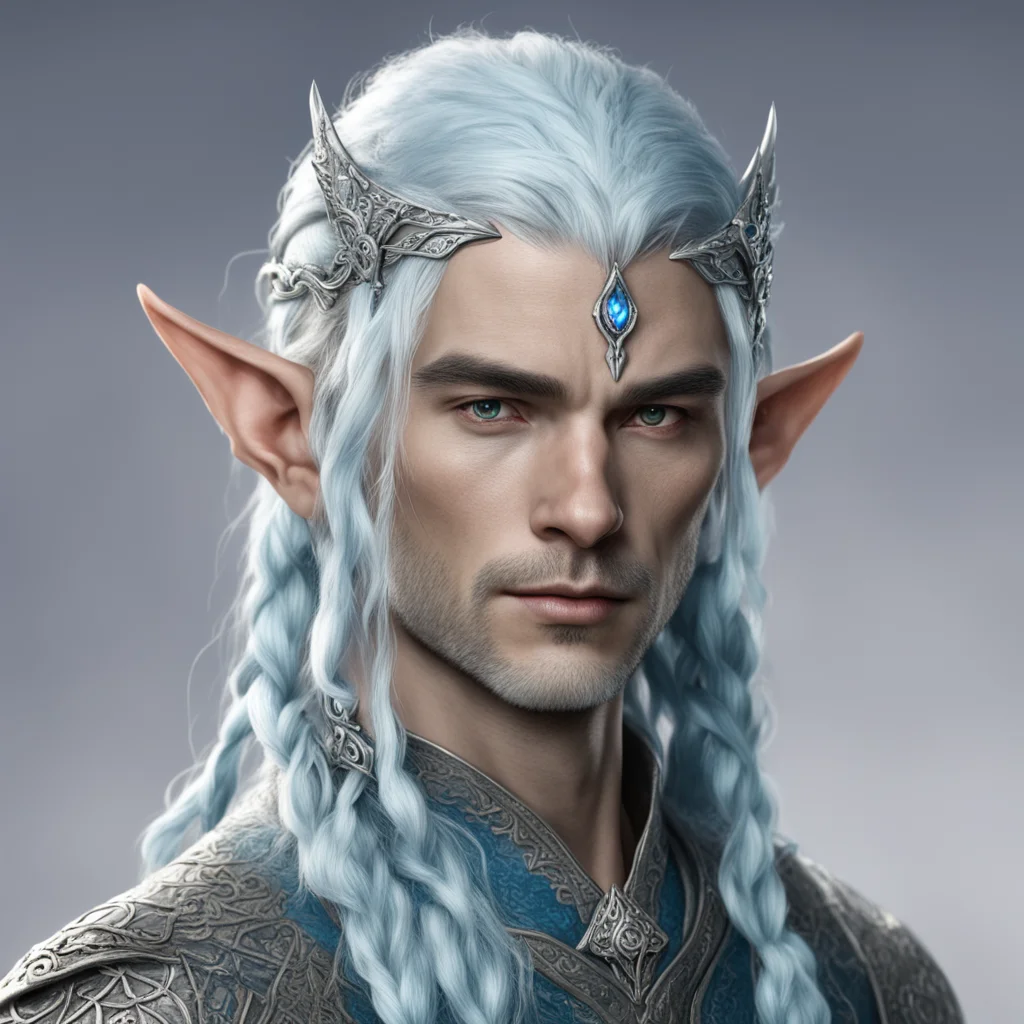 tolkien noble nandorin male elf with bluish silver hair with braids wearing silver serpentine elvish circlet with diamonds with center diamond amazing awesome portrait 2