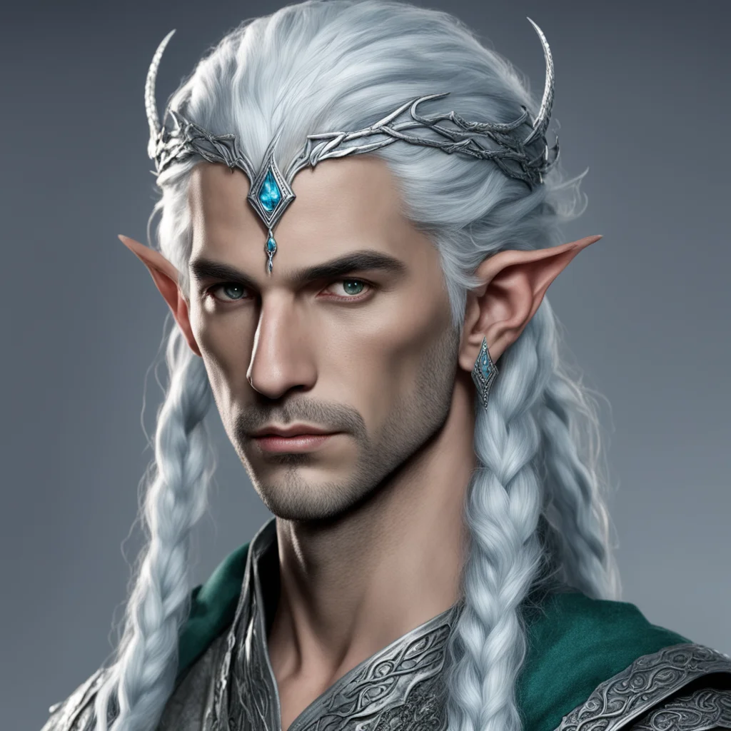 aitolkien noble nandorin male elf with bluish silver hair with braids wearing silver serpentine elvish circlet with diamonds with center diamond confident engaging wow artstation art 3