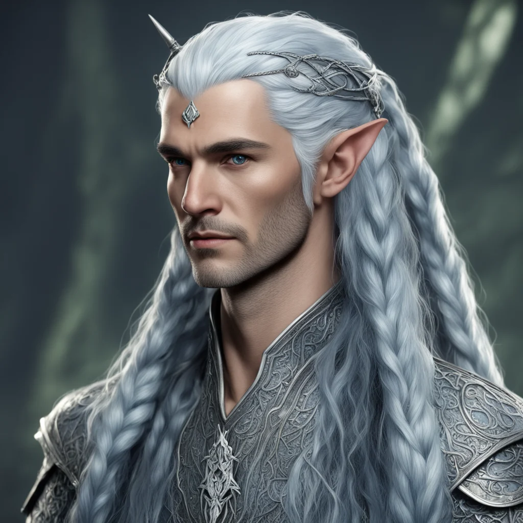 tolkien noble nandorin male elf with bluish silver hair with braids wearing silver serpentine elvish circlet with diamonds with center diamond