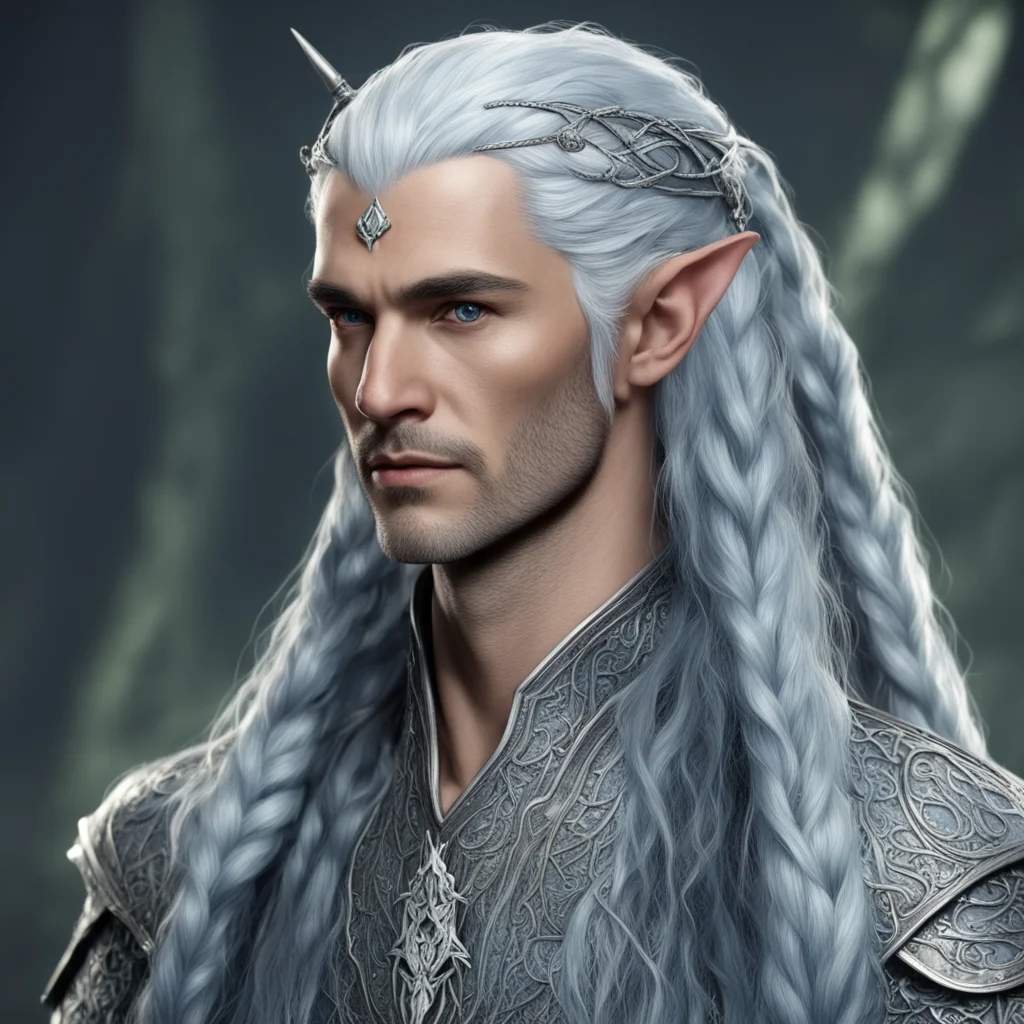 aitolkien noble nandorin male elf with bluish silver hair with braids wearing silver serpentine elvish circlet with diamonds with center diamond