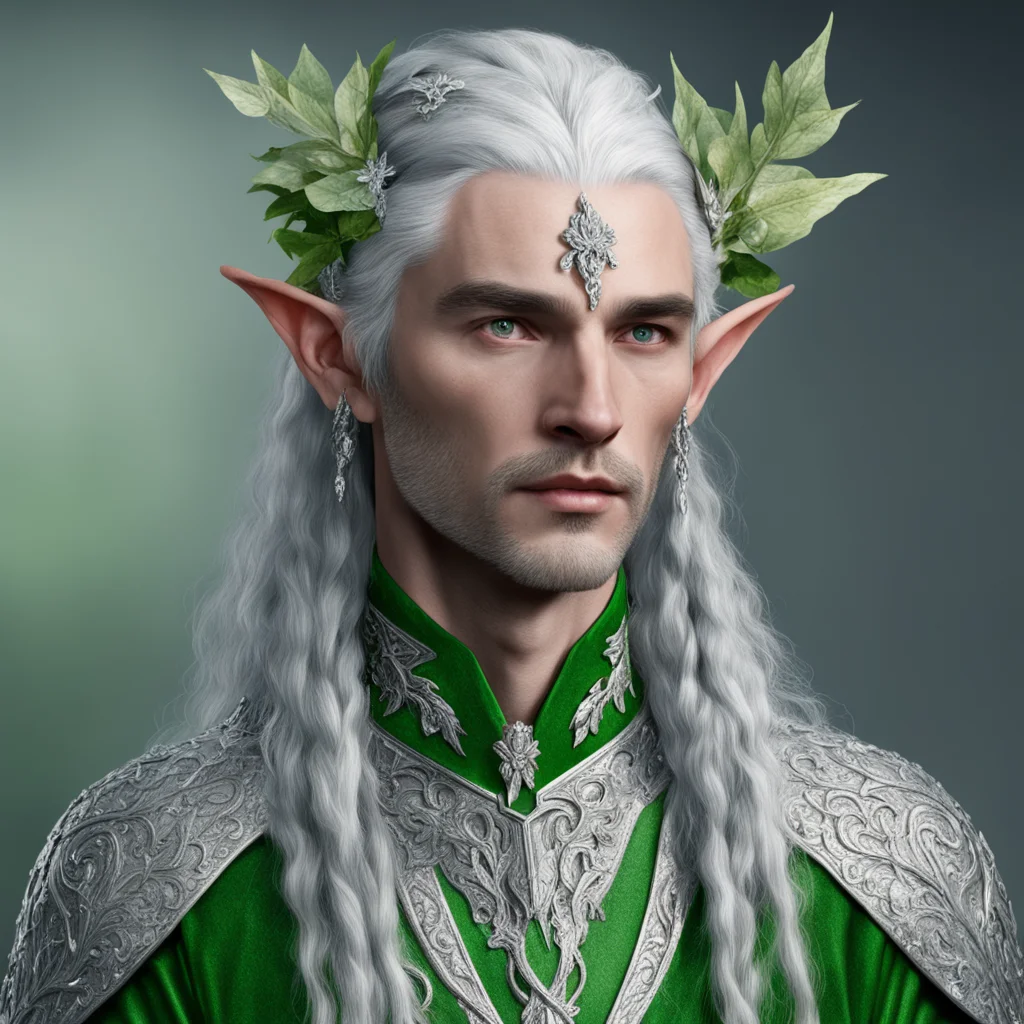 tolkien noble nandorin male elf with greenish silver hair and braids wearing silver leaves and silver flowers encrusted with diamonds to form a silver elvish circlet with large center diamond amazin