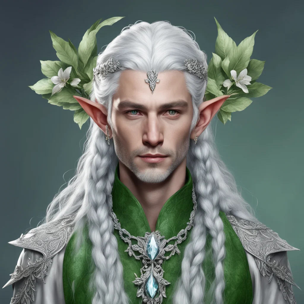 tolkien noble nandorin male elf with greenish silver hair and braids wearing silver leaves and silver flowers encrusted with diamonds to form a silver elvish circlet with large center diamond good l