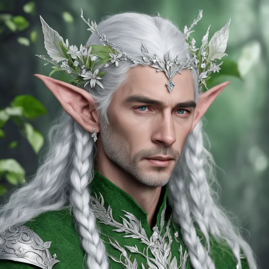 aitolkien noble nandorin male elf with greenish silver hair and braids wearing silver leaves and silver flowers encrusted with diamonds to form a silver elvish circlet with large center diamond