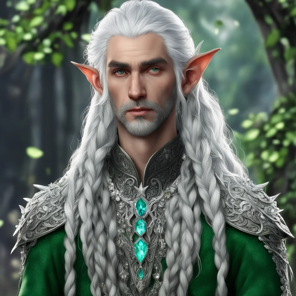 tolkien noble nandorin male elf with greenish silver hair and braids wearing silver leaves and silver flowers encrusted with diamonds with large center diamond amazing awesome portrait 2