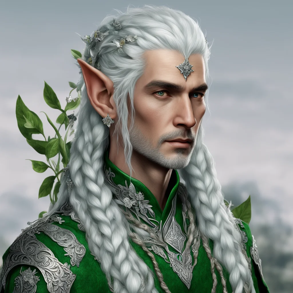 tolkien noble nandorin male elf with greenish silver hair and braids wearing silver leaves and silver flowers encrusted with diamonds with large center diamond confident engaging wow artstation art 