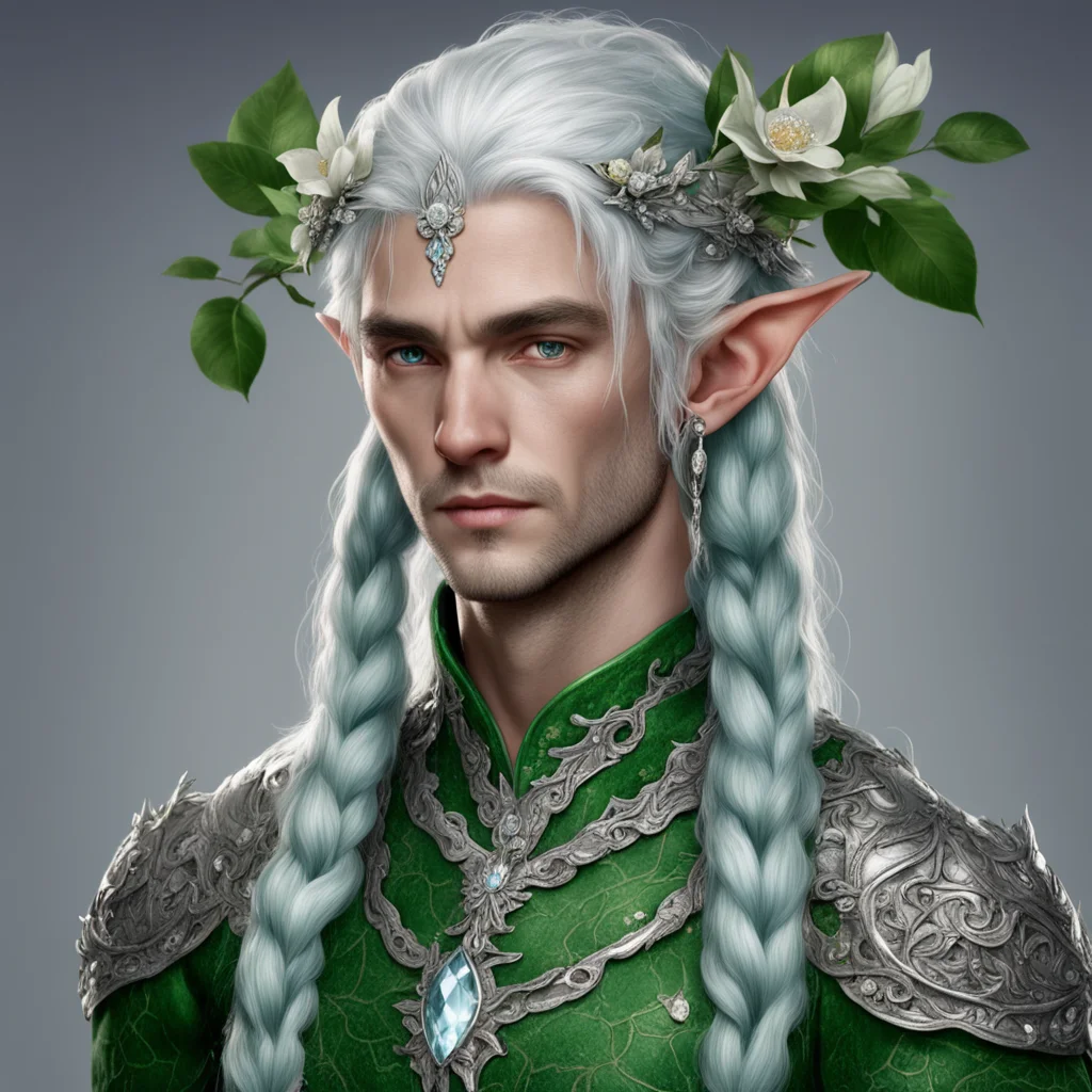 aitolkien noble nandorin male elf with greenish silver hair and braids wearing silver leaves and silver flowers encrusted with diamonds with large center diamond good looking trending fantastic 1