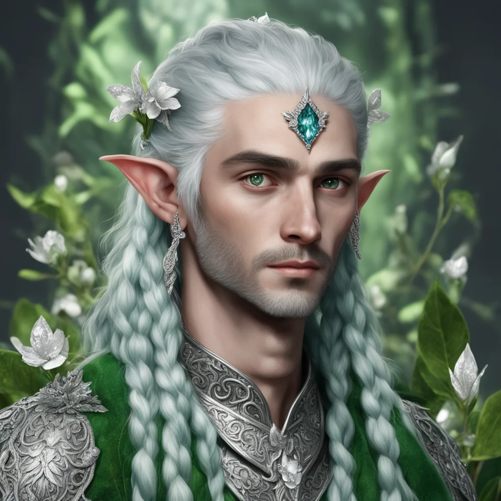 tolkien noble nandorin male elf with greenish silver hair and braids wearing silver leaves and silver flowers encrusted with diamonds with large center diamond
