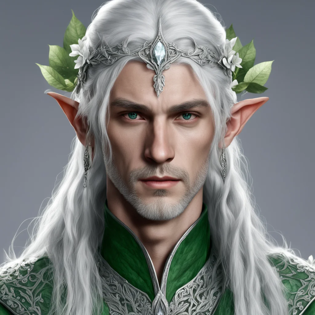 tolkien noble nandorin male elf with greenish silver hair and braids wearing silver leaves encrusted with diamonds and silver flowers encrusted with diamonds to form a silver elvish circlet with lar