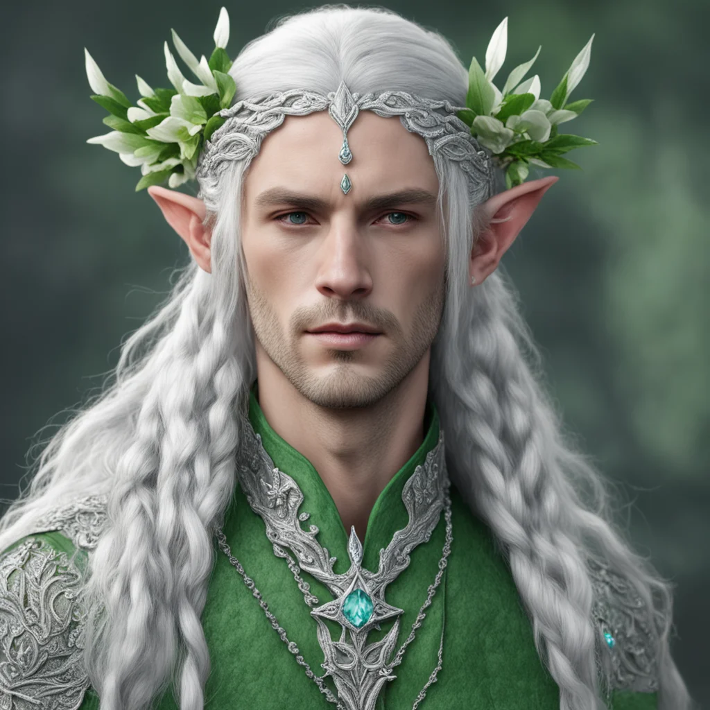 tolkien noble nandorin male elf with silver hair and braids wearing flowers made of silver and encrusted with diamonds to form a silver elvish circlet with large light green diamond in the center of