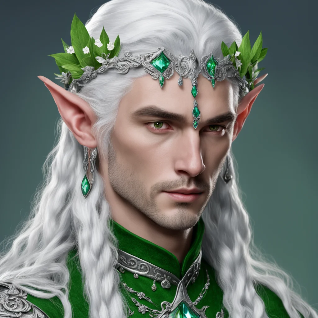 aitolkien noble nandorin male elf with silver hair and braids wearing silver flowers encrusted with diamonds to form a silver elvish circlet with large green center diamond