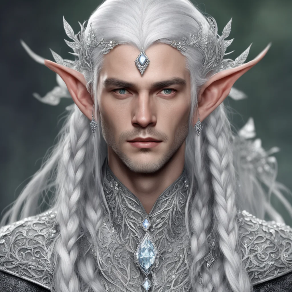 tolkien noble nandorin male elf with silver hair and braids wearing silver leaves encrusted with diamonds and silver flowers encrusted with diamonds to form a silver elvish circlet with large center