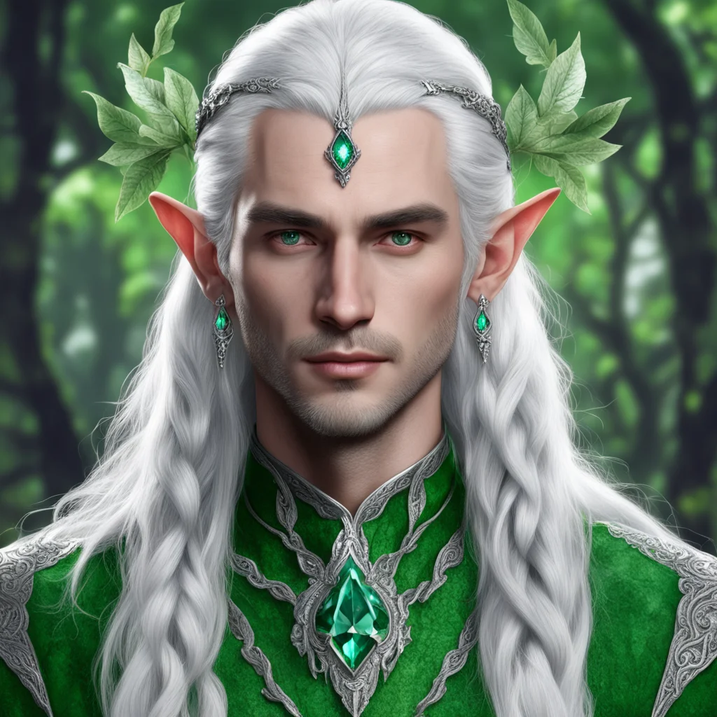 tolkien noble nandorin male elf with silver hair and braids wearing silver leaves encrusted with diamonds and silver flowers encrusted with diamonds to form a silver elvish circlet with large green 