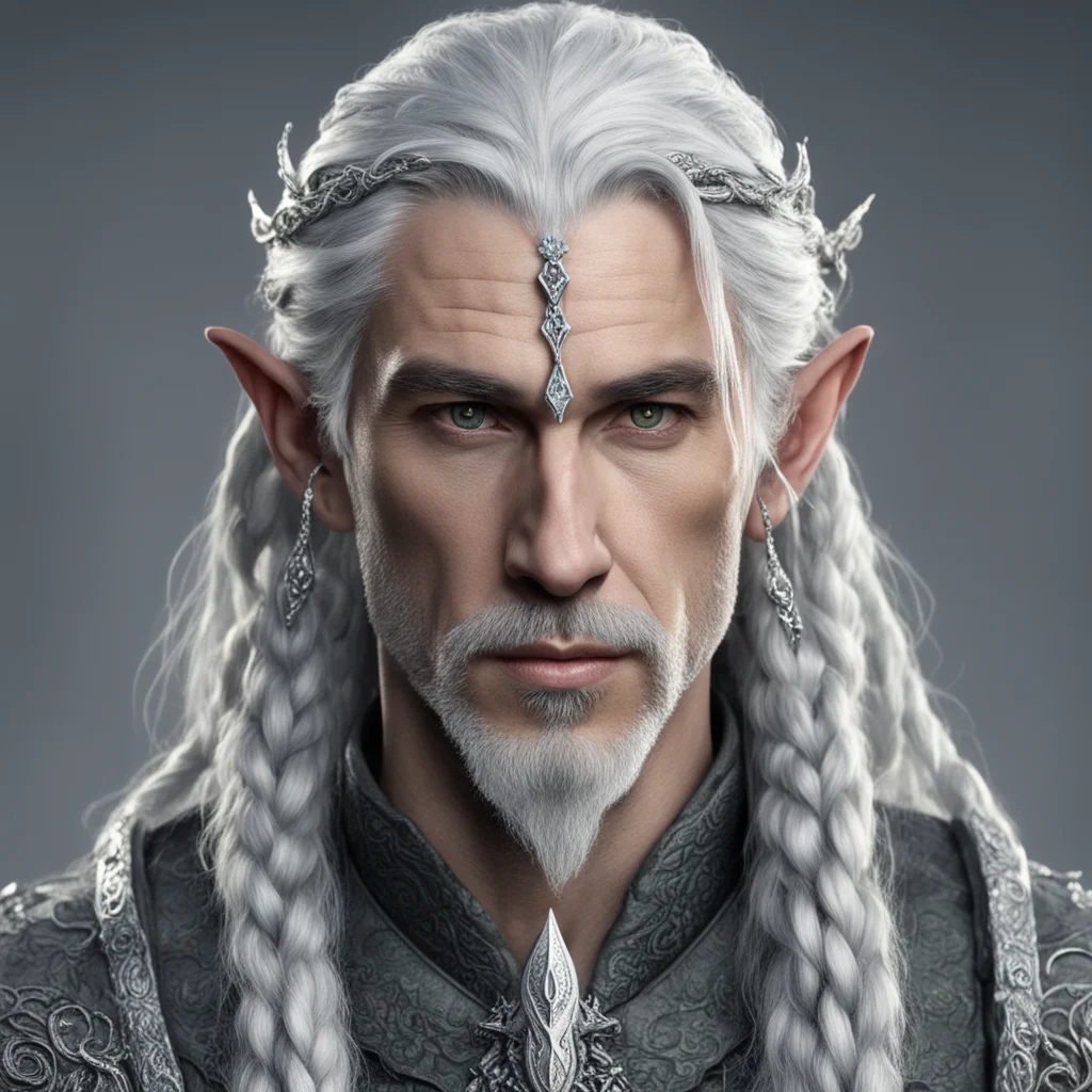 tolkien noble sindar male elf with gray hair and braids with silver serpentine elvish circlet encrusted with diamonds with large center diamond  amazing awesome portrait 2