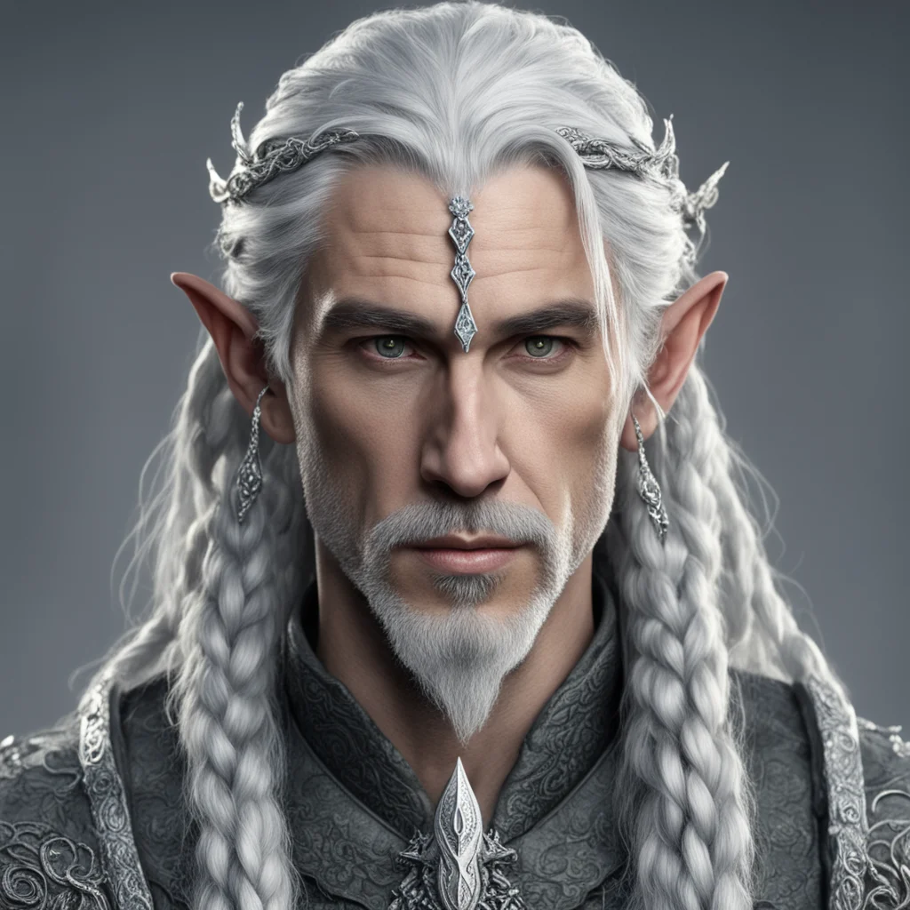 aitolkien noble sindar male elf with gray hair and braids with silver serpentine elvish circlet encrusted with diamonds with large center diamond  amazing awesome portrait 2