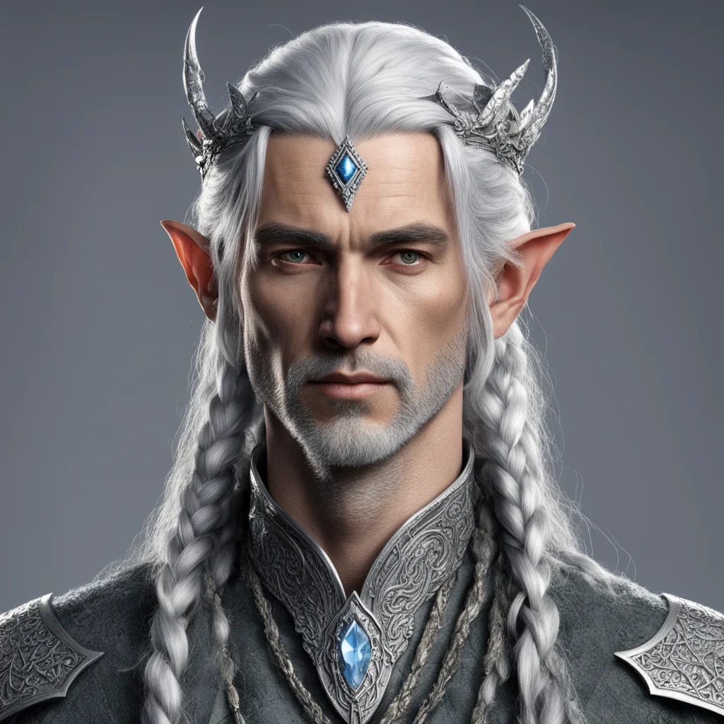 tolkien noble sindar male elf with gray hair and braids with silver serpentine elvish circlet encrusted with diamonds with large center diamond  confident engaging wow artstation art 3