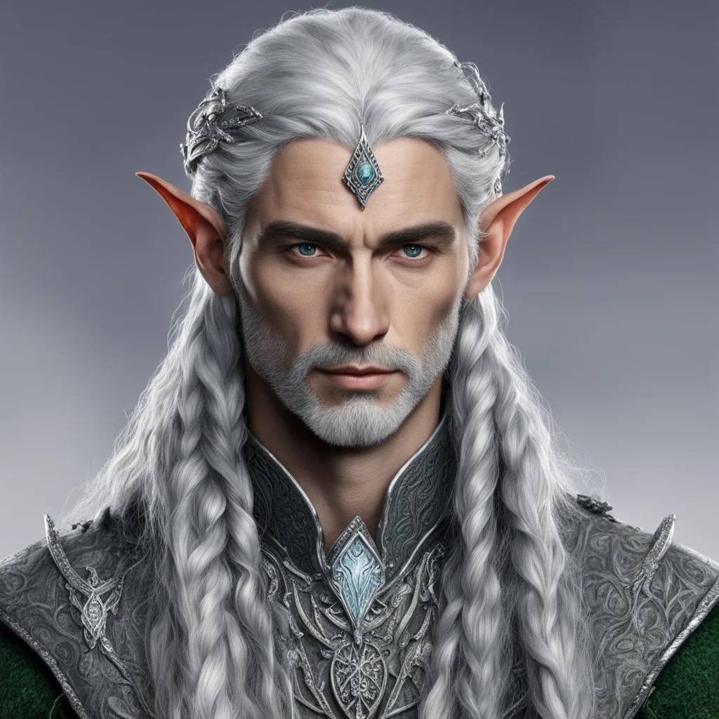 aitolkien noble sindar male elf with gray hair and braids with silver serpentine elvish circlet encrusted with diamonds with large center diamond  good looking trending fantastic 1