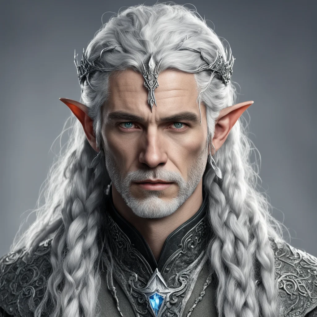 aitolkien noble sindar male elf with gray hair and braids with silver serpentine elvish circlet encrusted with diamonds with large center diamond 