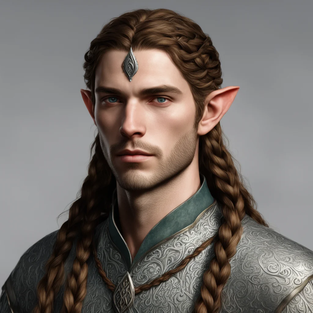 aitolkien noble sindarin elf male with brown hair and braids wearing silver sindarin elvish circlet confident engaging wow artstation art 3