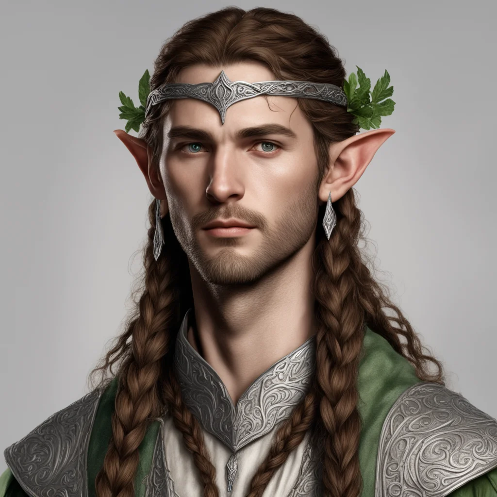 aitolkien noble sindarin elf male with brown hair and braids wearing silver sindarin elvish circlet