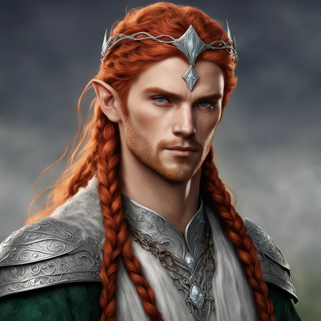 aitolkien noble sindarin elf male with reddish hair and braids wearing silver sindarin elvish circlet with diamonds confident engaging wow artstation art 3