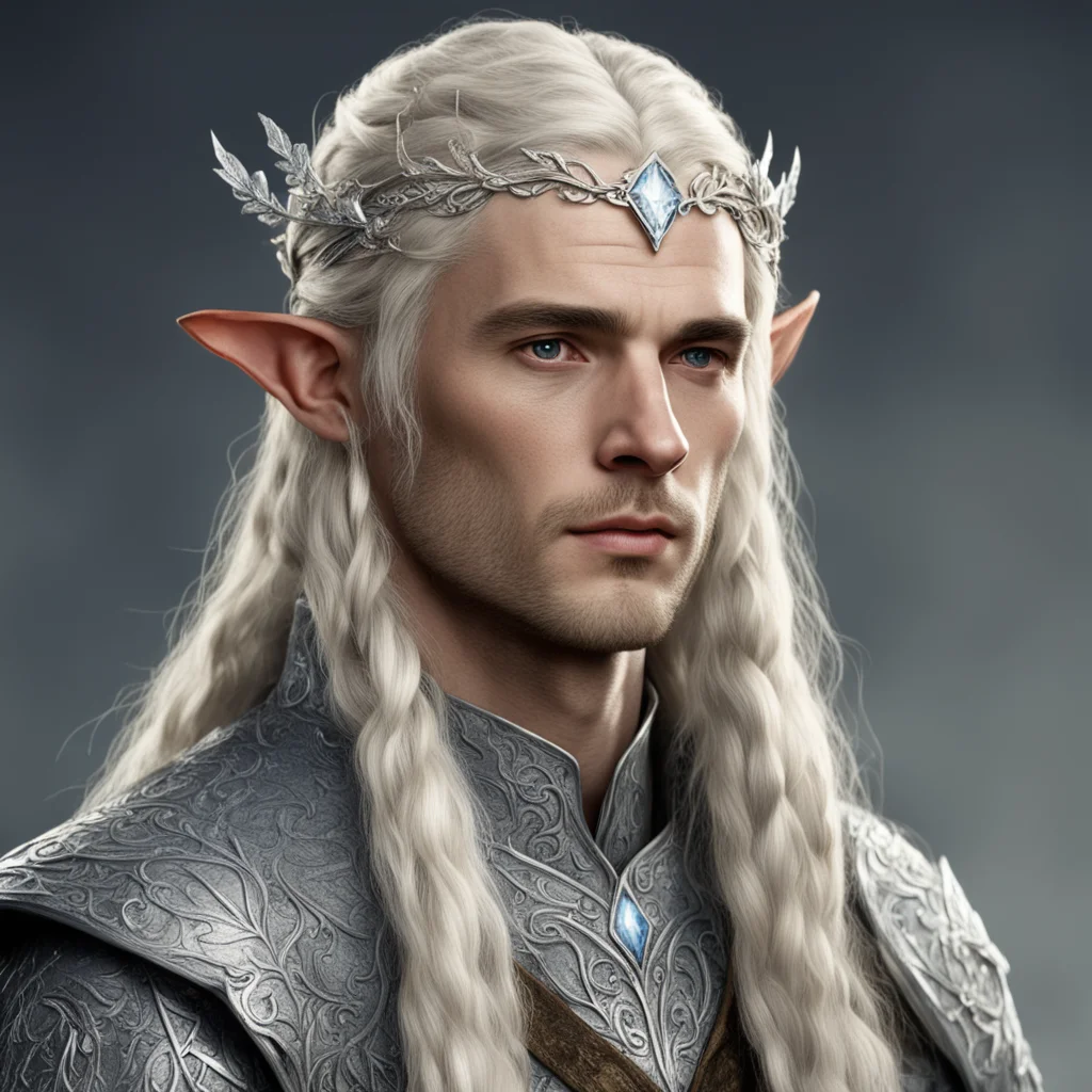 tolkien noble sindarin male elf with blond hair and braids wearing silver twig and silver leaf with diamonds to form a silver elvish circlet with center diamond good looking trending fantastic 1.web