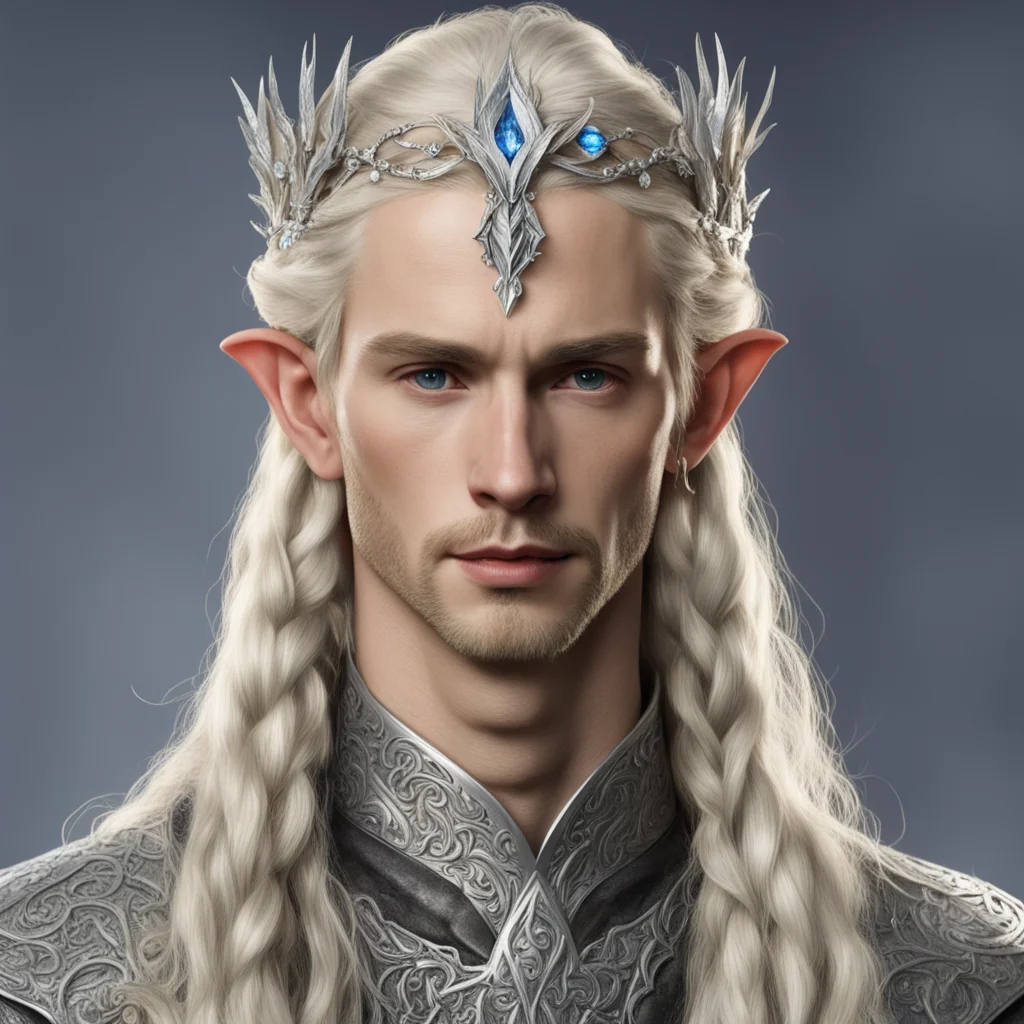 tolkien noble sindarin male elf with blond hair and braids wearing silver twig and silver leaf with diamonds to form a silver elvish circlet with center diamond
