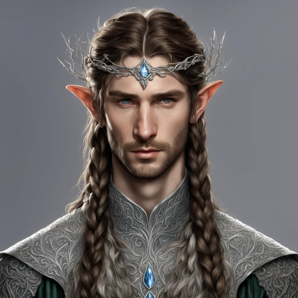 tolkien noble sindarin male elf with brown hair and braids wearing silver twig and silver leaf with diamonds to form a silver elvish circlet with center diamond amazing awesome portrait 2