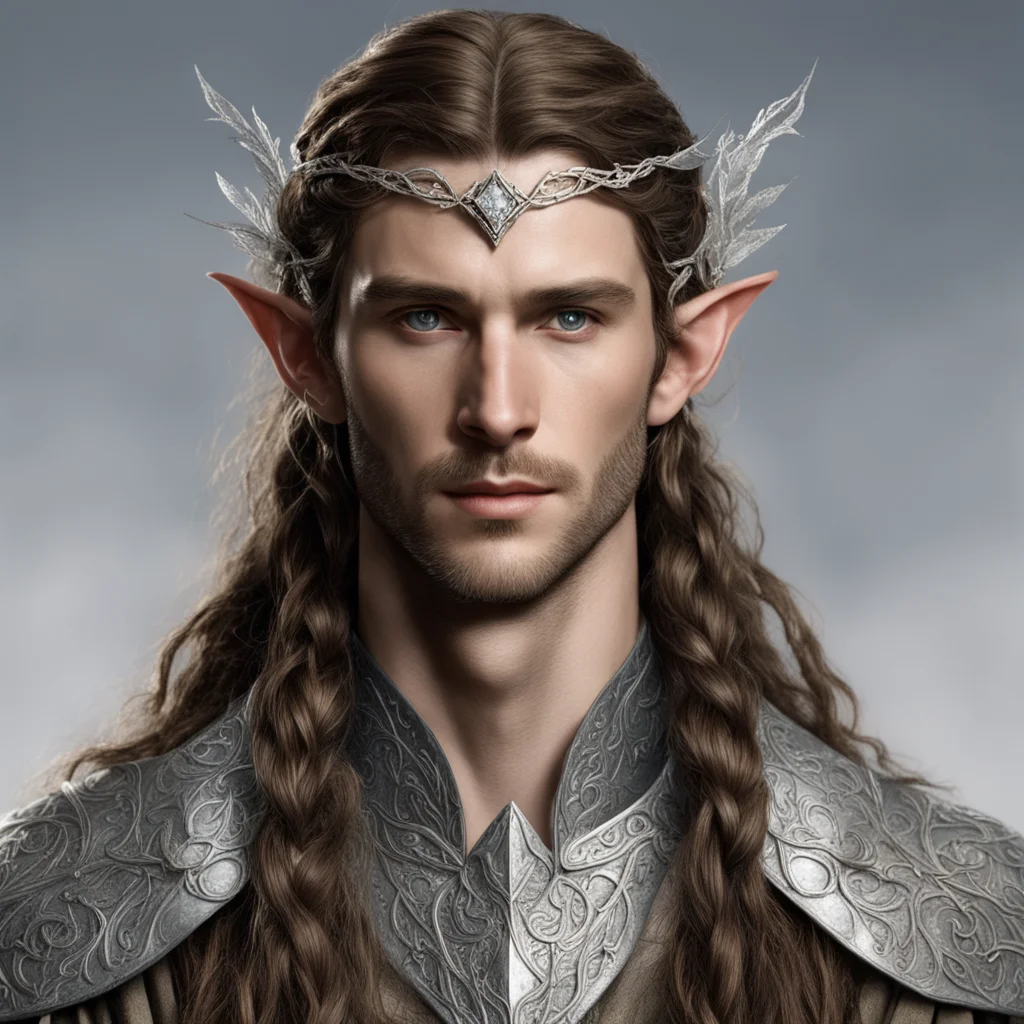 tolkien noble sindarin male elf with brown hair and braids wearing silver twig and silver leaf with diamonds to form a silver elvish circlet with center diamond good looking trending fantastic 1.web
