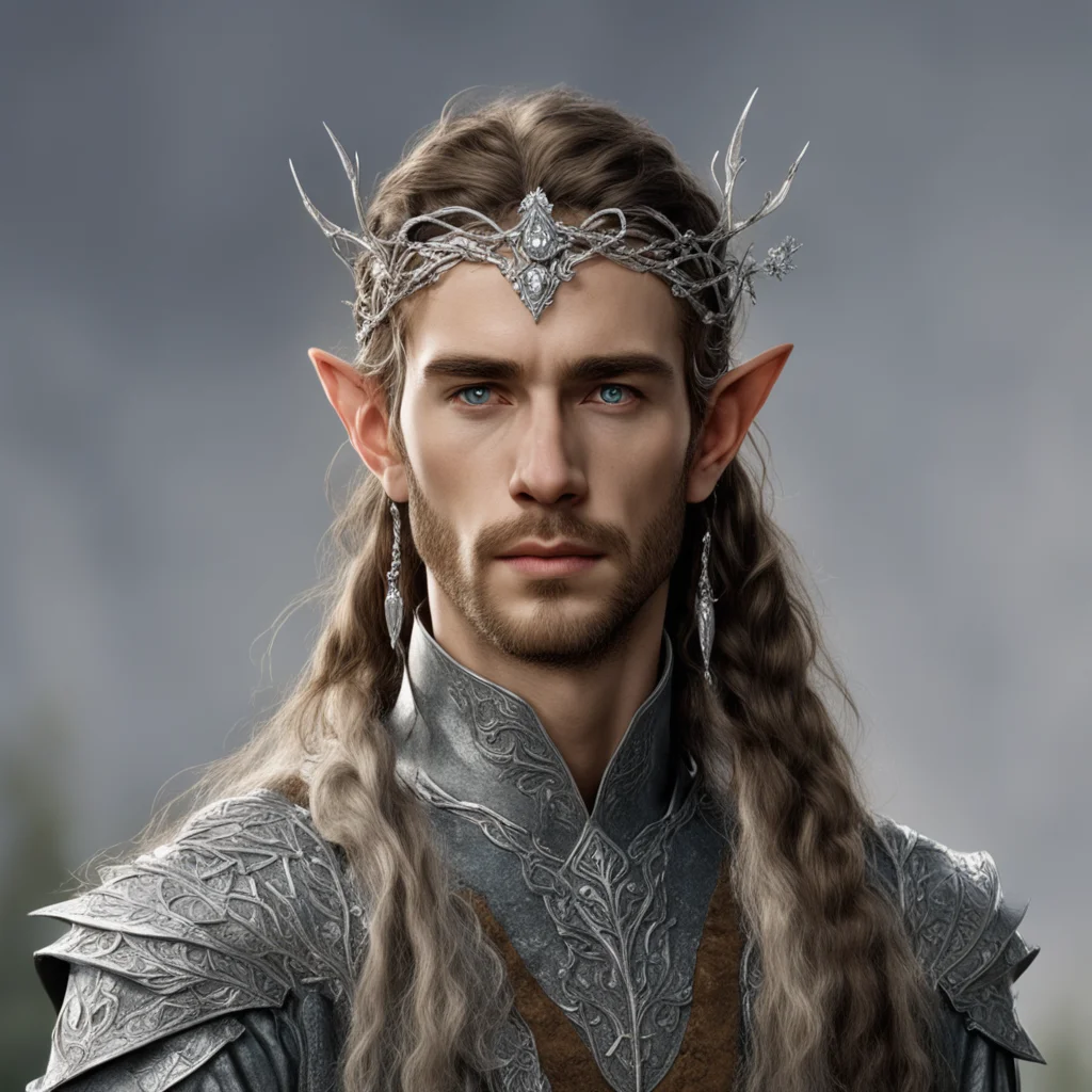 tolkien noble sindarin male elf with brown hair and braids wearing silver twig and silver leaf with diamonds to form a silver elvish circlet with center diamond