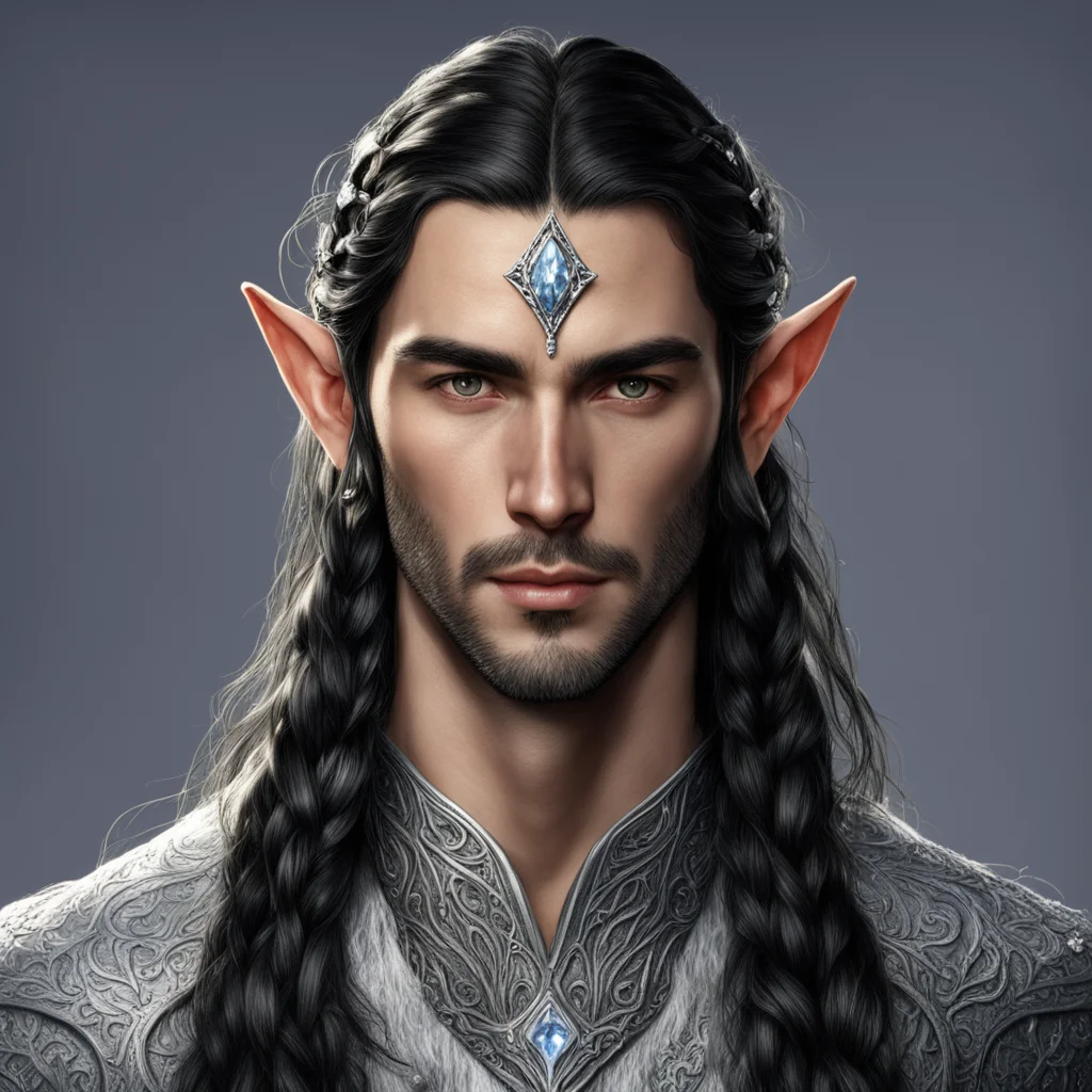 aitolkien noble sindarin male elf with dark hair and braids wearing silver elvish circlet with diamonds with large center diamond  amazing awesome portrait 2