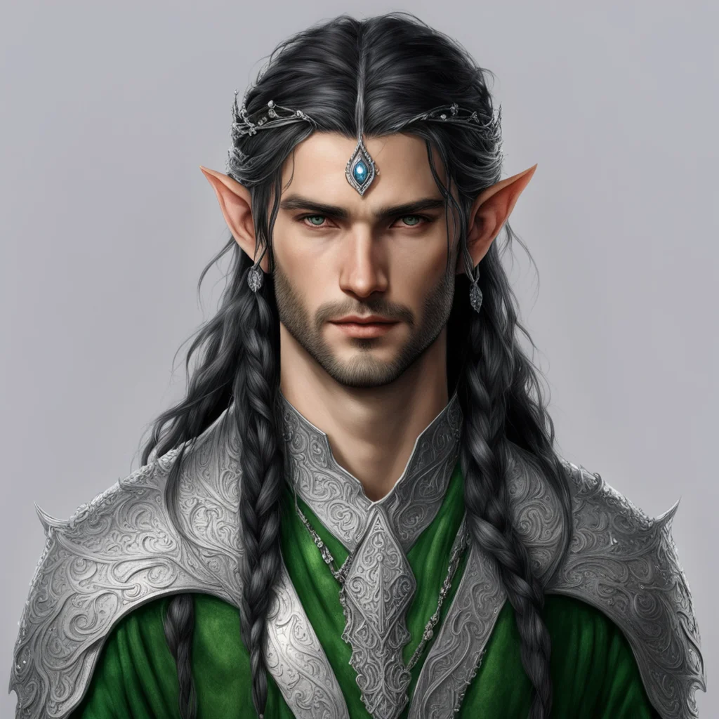 aitolkien noble sindarin male elf with dark hair and braids wearing silver elvish circlet with diamonds with large center diamond  confident engaging wow artstation art 3